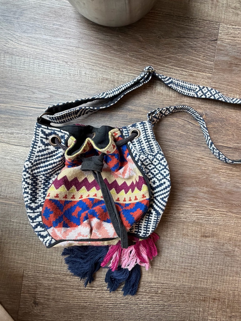 Boho Patterned Drawstring Crossbody Bag in Multicolor